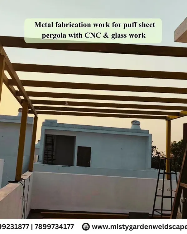 The initial stage of a pergola project at Natura Atavi. This image shows the metal fabrication work for a puff sheet pergola that will also incorporate CNC and glass elements.