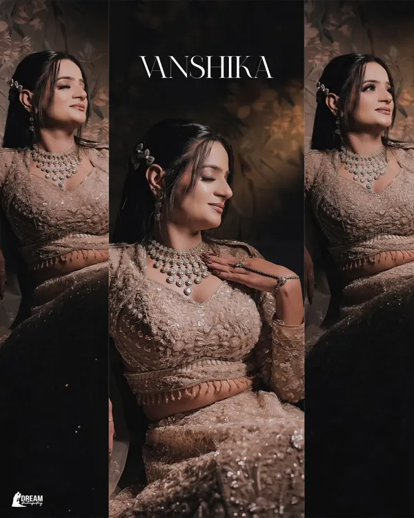 A collage of bride Vanshika from her sagan ceremony, showcasing her radiant look from different angles.