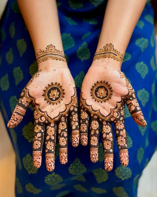 A perfect example of minimalist elegance. This design features a beautiful lotus mandala in the center of the palm with delicate floral details on the fingers.