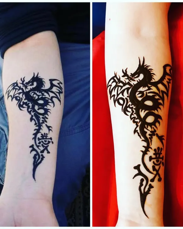 Something different and bold. A client requested this dragon tattoo design in henna, and I was so happy with how this first attempt turned out. It symbolizes wisdom, protection, and good luck.