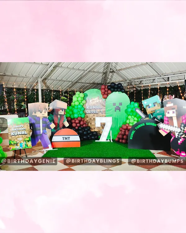 We bring the world of Minecraft to life with this immersive party setup. This complete scene features custom character cutouts, pixel-perfect backdrops, themed balloon garlands in signature green and brown, and a large light-up marquee number to celebrate the big day.