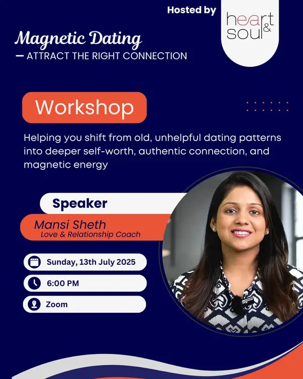 Are you ready to stop chasing and start attracting? Join our "Magnetic Dating" workshop, a free online event designed to help you shift from unhelpful dating patterns into a state of self-worth and magnetic energy.