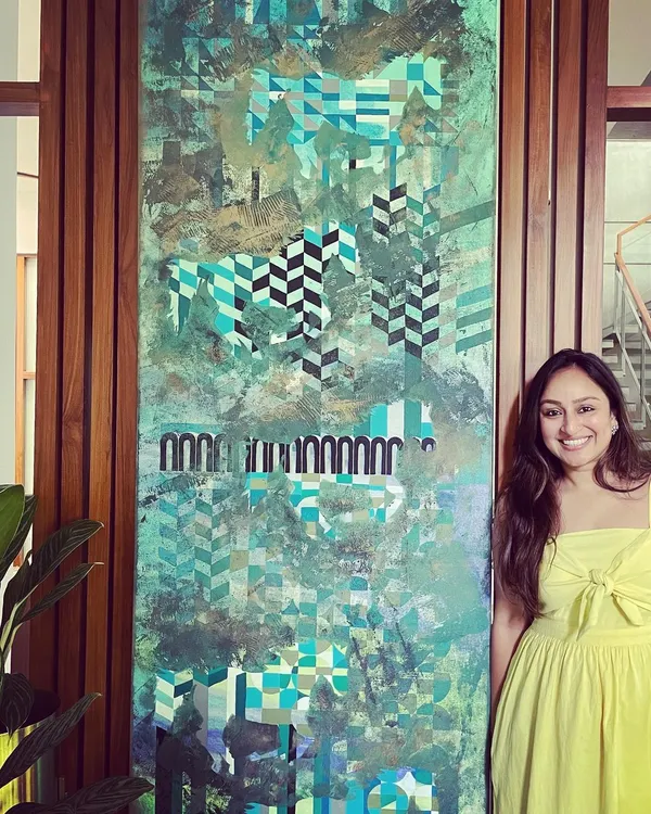 I love the challenge of a large canvas. This 8-foot panel, which subtly incorporates horse motifs within its geometric design, was created to be a commanding presence in a private residence.