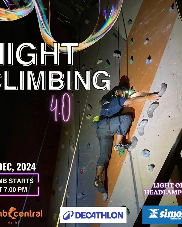 Lights off, headlamps on. This poster announces our Night Climbing 4.0 event, a unique experience where you can climb our top-rope walls under the stars.