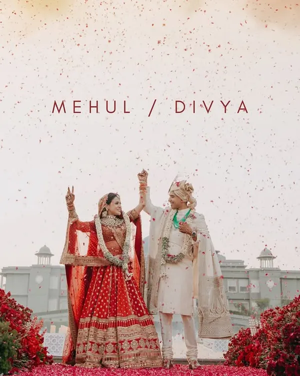 A celebratory moment for Mehul and Divya at the magnificent Raffles Udaipur. The grandeur of the palace hotel, combined with the joyous energy of the couple, perfectly encapsulates the magic of a royal destination wedding.