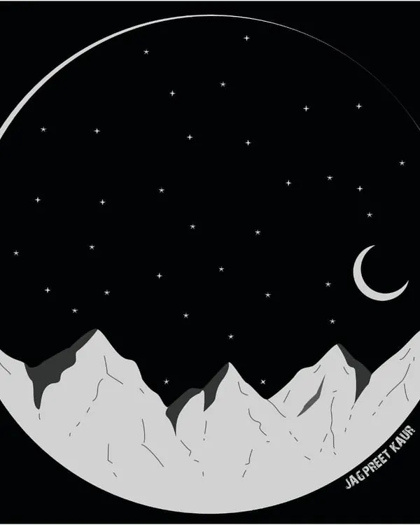 A simple, stark illustration of mountains under a starry night sky. Inspired by a Neil Gaiman quote, it captures a feeling of quiet solitude and the slow, sad dance of the infinite stars.