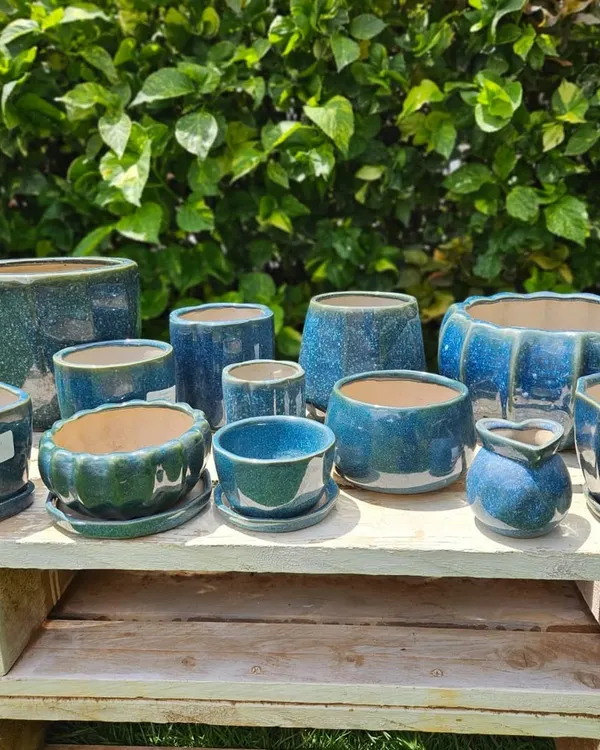 The color blue brings a sense of calm and serenity. This collection of glazed ceramic planters in various shades of blue is perfect for creating a tranquil corner in your garden or home.
