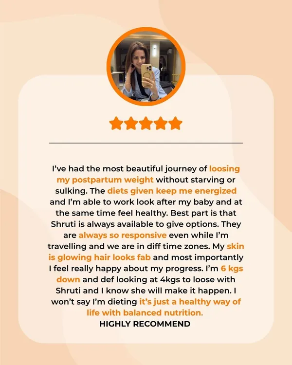 A testimonial from a new mom who had a beautiful postpartum weight loss journey without starving. She highlights feeling energized, seeing her skin glow, and losing 6 kgs.