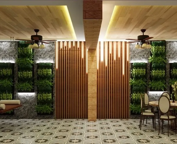 A 3D render of an upcoming project in Bhiwandi. This concept for a semi-outdoor space features vertical gardens, a dining area, and a traditional swing, showing how we plan to blend nature with comfortable living.