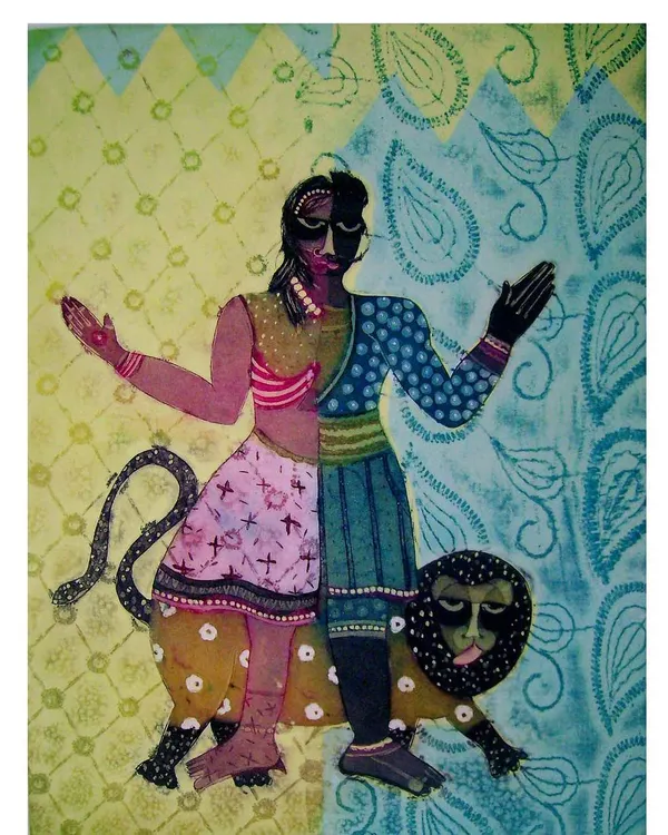 This powerful etching by Sonal Varshneya depicts the concept of 'Shakti,' or divine feminine energy, as an intrinsic part of a whole. I am proud to showcase art that explores deep cultural and spiritual themes.