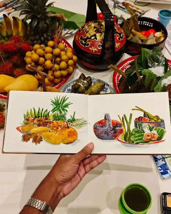 Here are my two finished watercolor sketches of a beautiful spread of Thai food and fruits. The colors were so vibrant, I just had to paint them. This was such a delicious and inspiring session.