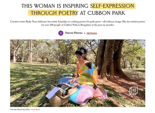 The HerStory article that beautifully captured my Saturday sessions writing free poems for park-goers in Cubbon Park.