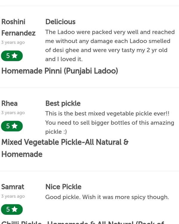 Thank you to Roshini, Rhea, and Samrat for your kind words. I am so glad you enjoyed the Pinni Ladoos and my mixed vegetable and chilli pickles.