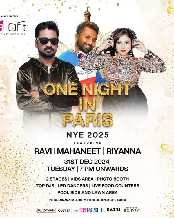 The official poster for 'One Night in Paris' NYE 2025 at Aloft Bengaluru. A massive event with two stages, LED dancers, and non-stop music.