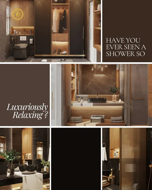 Have you ever seen a shower so luxuriously relaxing? This bathroom collage showcases a spa-like design with warm wood tones, dark marble, a vessel sink, and integrated storage with soft lighting for a truly indulgent experience.