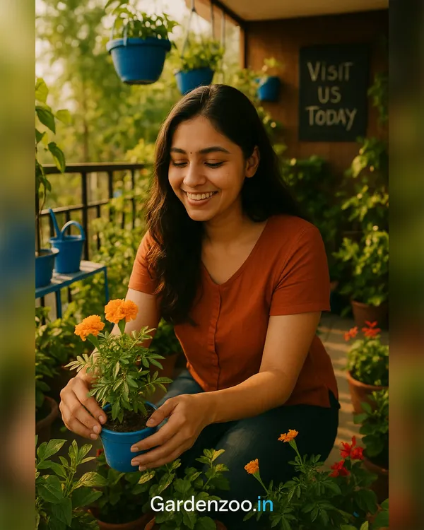 This balcony makeover features a mix of flowering marigolds in vibrant blue pots and hanging planters to maximize the vertical space. It’s a cheerful and practical design that brings a lot of greenery into a small area.