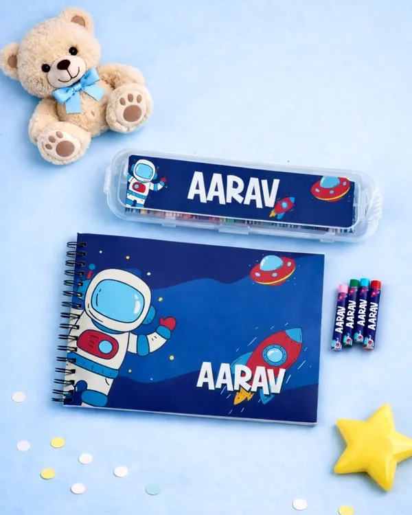 Blast off into creativity with this space-themed drawing book and crayon set, personalized for Aarav. It’s a wonderful gift to encourage any young artist's imagination.