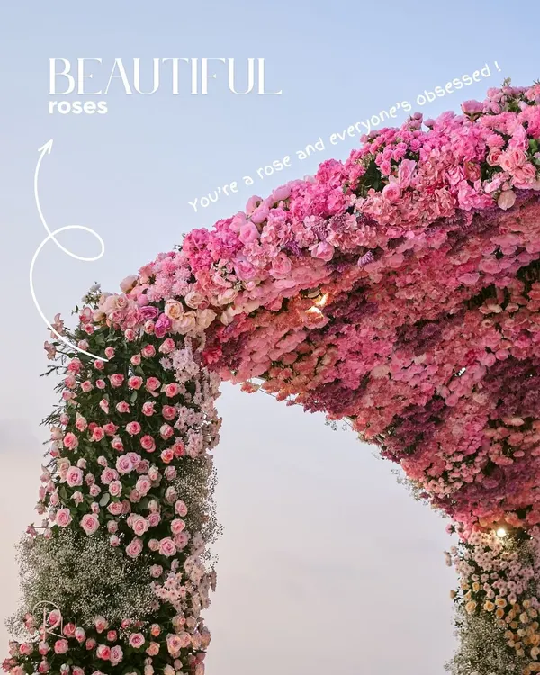 This magnificent floral arch, made of thousands of pink roses and baby's breath, was the centerpiece of a Goa beach wedding. It created a breathtaking frame for the couple against the sky and sea.