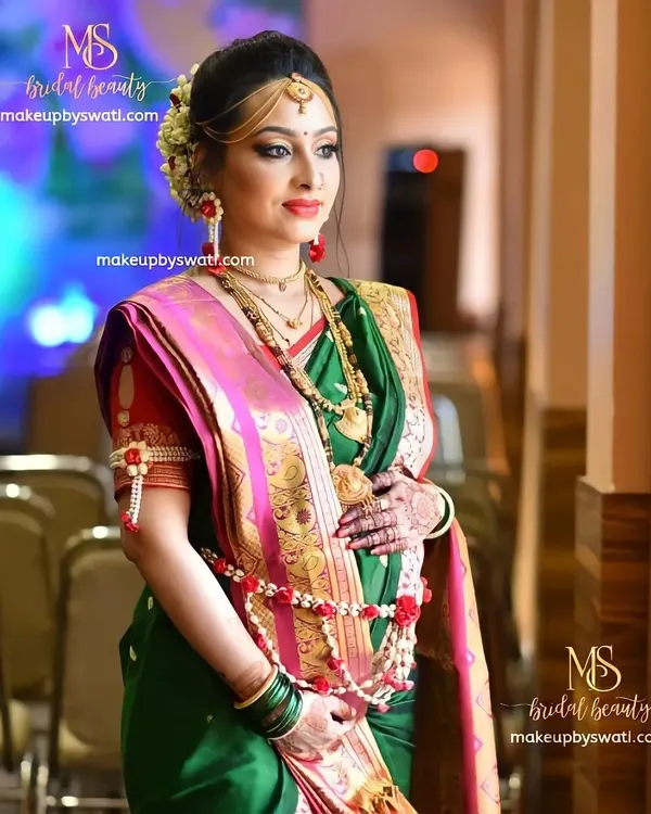 This is the radiant look I created for a traditional Godh Bharai, or baby shower ceremony. I focused on creating flawless, glowing skin, classic red lips, and an elegant hair updo with a gajra to celebrate this beautiful milestone.