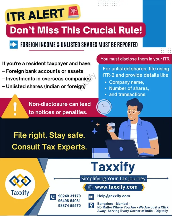 We find that many clients receive tax notices because of incorrect reporting of complex assets. This infographic highlights a critical rule for resident taxpayers: you must disclose all foreign income, overseas assets, and holdings in unlisted shares. Failing to report these correctly can lead to significant penalties, and we ensure your ITR-2 form is filed with complete accuracy.