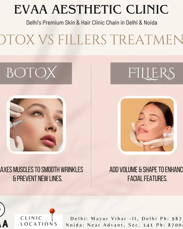 A visual guide comparing Botox and Fillers. Botox relaxes muscles to smooth wrinkles, while fillers add volume and shape to enhance facial features. We can help you decide which is right for you.
