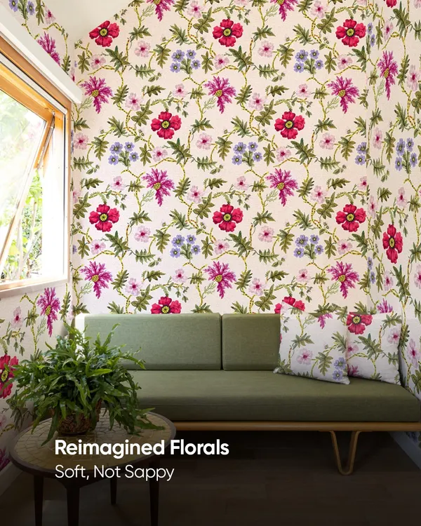 Floral wallpapers don't have to be sappy. This reimagined floral design uses a vibrant and soft pattern to bring life to this room, creating a fresh and modern look that is full of personality.