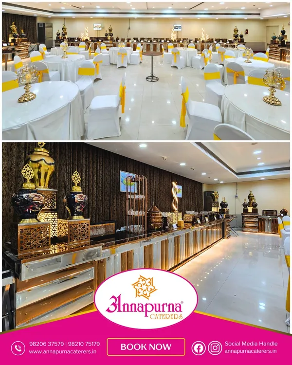 This is what we do best: turning a venue into a grand celebration. Here you can see our elegant buffet setup with modern, decorative serveware and coordinated guest seating, ready to welcome everyone for a memorable feast.