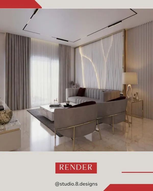 A 3D render of a living room concept, showcasing our vision for a modern space with a striking backlit wall feature and clean lines.