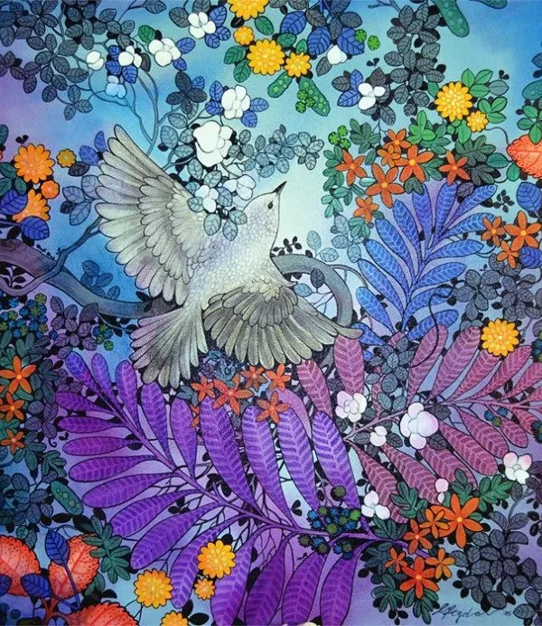Artist Ganpati Hegde has a unique ability to capture the wonder of nature. This painting, with its intricate foliage and a bird in flight, creates a dense, magical forest that you can get lost in.