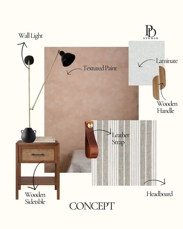 Every project begins with a concept. This mood board for a bedroom combines a textured paint finish, striped linen fabric, a leather strap detail, and a wooden side table to establish the warm, tactile feel of the space.