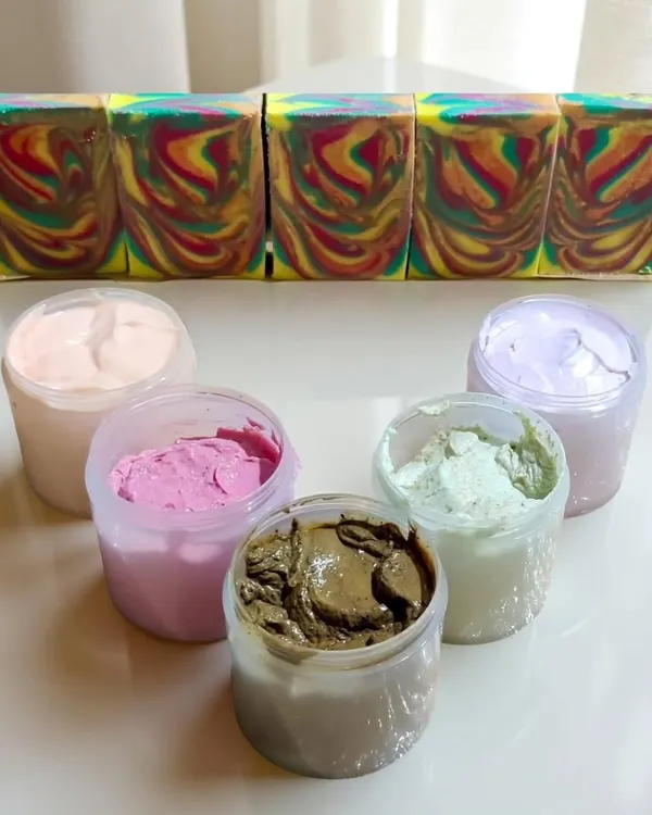 These beautiful swirled soaps and skincare products were made by a student during her very first attempt at formulation.