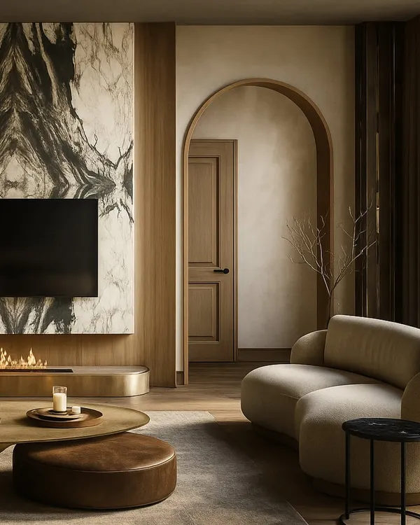 This lounge in a 25,000 sq. ft. Moradabad villa is defined by a bold marble feature wall and a gentle archway leading to other private areas. The design balances dramatic elements with a calm, creamy palette for a feeling of relaxed indulgence.