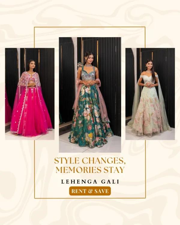 Style changes, memories stay. This collage shows the variety in our collection, from a vibrant pink cape lehenga to a floral gown and an elegant off-shoulder piece.