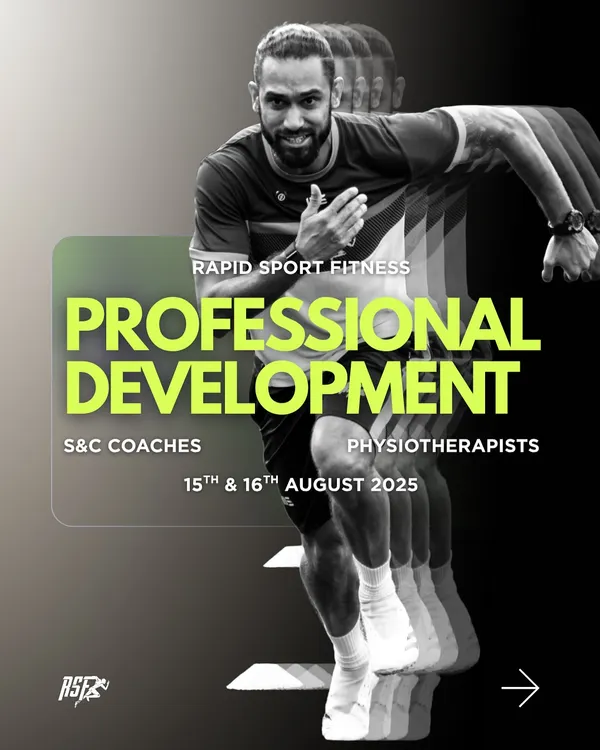 This is the lead graphic for our two-day Professional Development workshop. It features our founder, Chelston Pinto, and clearly communicates the event's focus on S&C coaches and physiotherapists, setting a professional and dynamic tone.