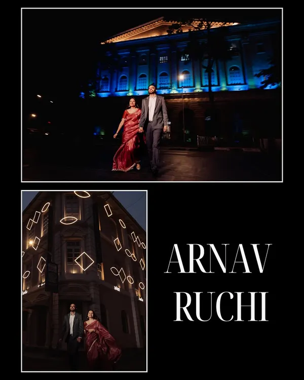 Mumbai by night has a different kind of romance. We captured these dramatic shots against the city's illuminated architecture, creating a bold and cinematic feel for their pre-wedding album.