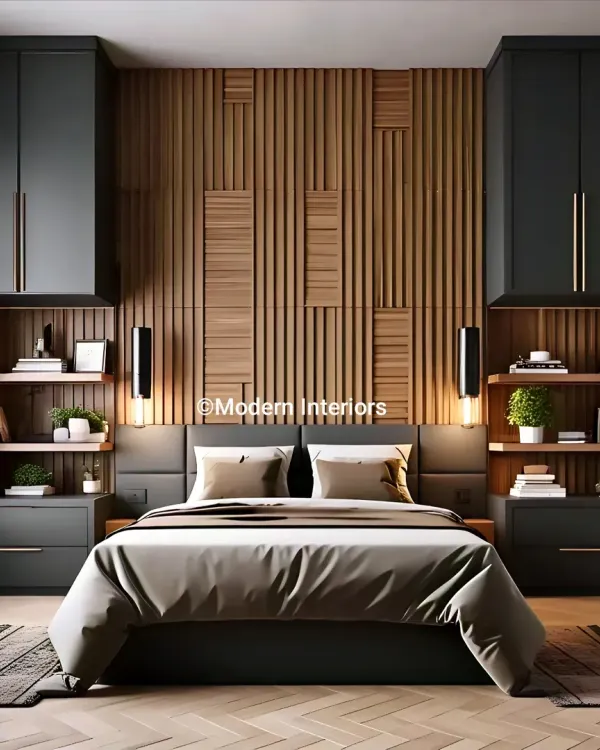 We designed this master bedroom as a modern sanctuary, featuring a striking wood-paneled accent wall that adds warmth and texture. The integrated bedside shelving and focused lighting create a symmetrical and highly functional space, perfect for relaxation.