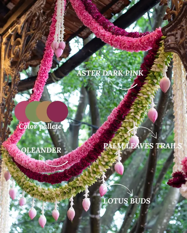 A close-up of a floral garland featuring dark pink asters, oleanders, and lotus buds. We love creating unique floral combinations that are both beautiful and meaningful, as seen in this decor for a naming ceremony.