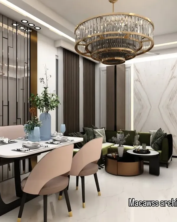 A glimpse into a luxurious open-plan living and dining area I designed, featuring a stunning crystal chandelier, elegant furniture, and a sophisticated color palette. This space perfectly balances opulence with comfort for modern family living.