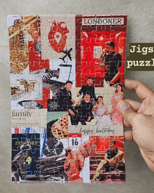 A custom A4 jigsaw puzzle made from a collage of personal photos. This 120-piece puzzle is a fun and interactive way to celebrate a birthday or anniversary.