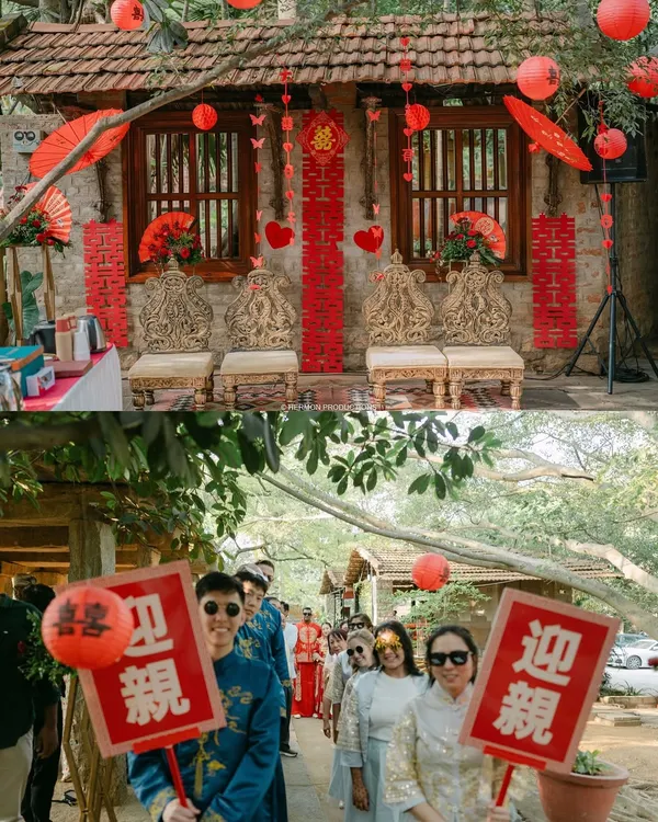 A beautiful fusion of cultures, this setup honors a traditional Chinese tea ceremony within a South Indian heritage venue. We used auspicious red lanterns, fans, and symbols while incorporating traditional Indian carved seating.