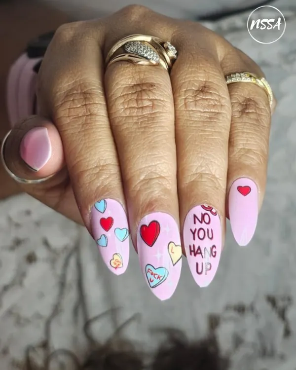 A playful Valentine's Day set featuring conversation hearts. The "No You Hang Up" message adds a fun, modern twist to the romantic theme.