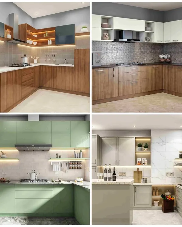 A collage of four different kitchen designs, showcasing various color schemes from warm woods and mint green to neutral greys, highlighting our versatile design capabilities.
