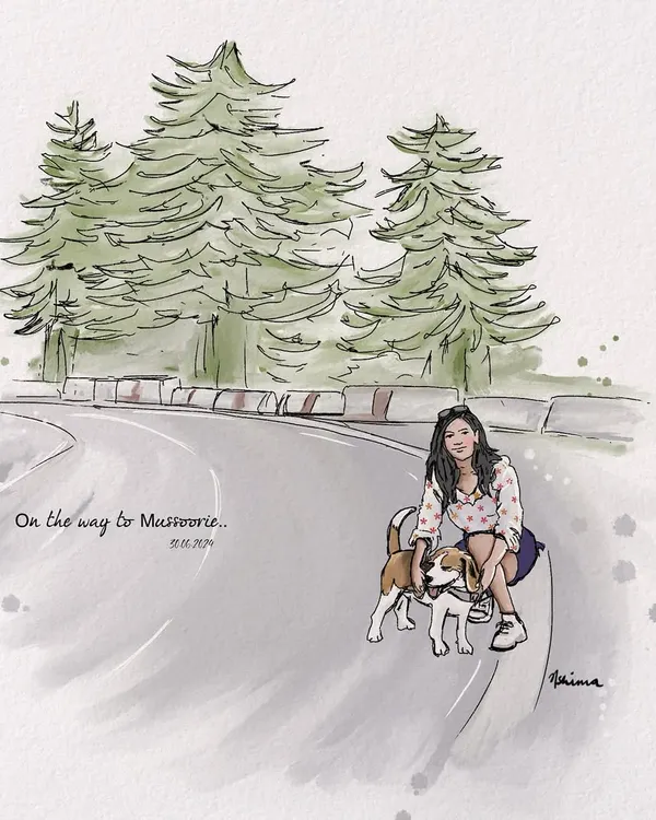 A custom portrait capturing a personal memory with my dog Joey on a drive to Mussoorie. I can create similar digital illustrations of you and your pet from your favorite photos, preserving those special moments together.