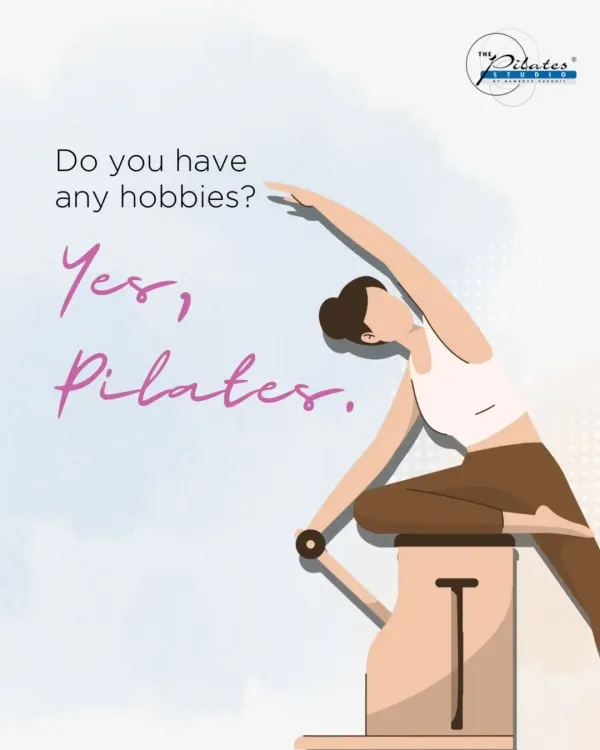 Do you have any hobbies? Yes, Pilates. A fun graphic illustrating a side bend on the Stability Chair, showing that fitness can be a passion.