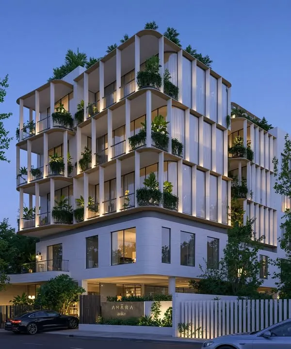 This twilight render of the Amara Avika luxury apartments in Chennai showcases our vision for modern, high-end urban living. The design balances transparency with privacy, featuring generous glass facades and lush, integrated greenery on every level.