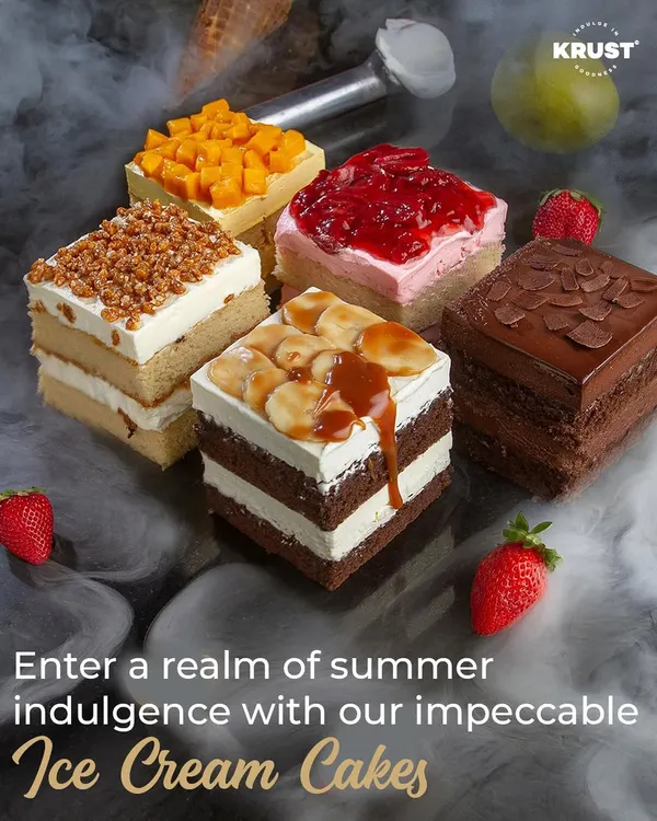 Enter a realm of summer indulgence with my full range of ice cream cakes. This shot features a variety of flavours including mango, strawberry, banoffee, crunchy almond, and rich chocolate.