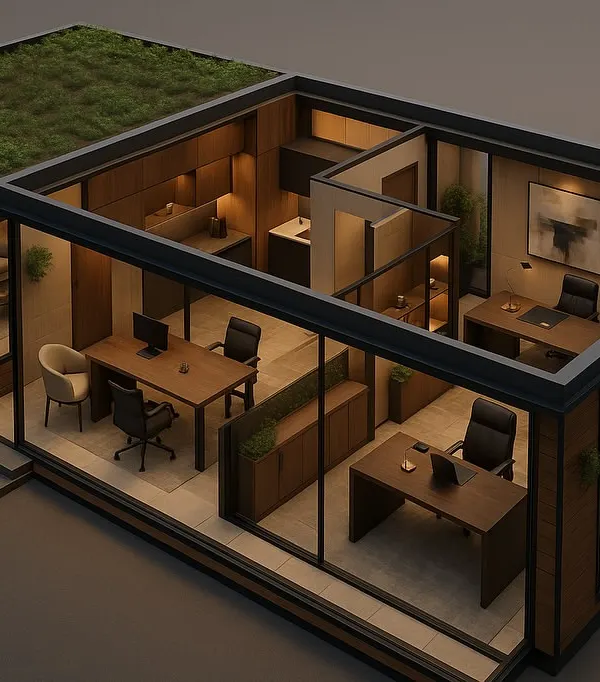 This 3D model shows the interior layout of a 1000 sq. ft. prefabricated office. It includes private offices, a common workspace, and even a small living area, demonstrating the versatility of our modular designs.