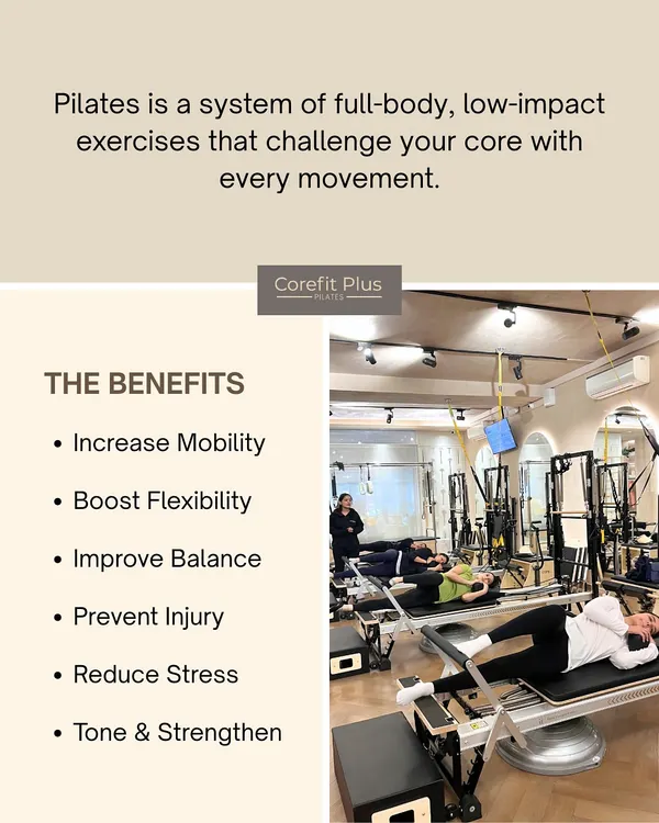 Pilates is a full-body system that challenges your core with every movement. We focus on delivering all its benefits, from increased mobility and flexibility to stress reduction and injury prevention.
