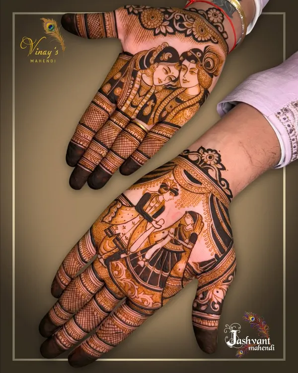 A close-up of our groom portrait work. One hand features a classic Radha-Krishna depiction, while the other captures the iconic varmala exchange, creating a beautiful narrative across both palms.