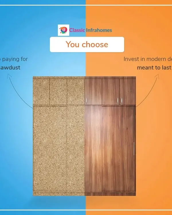 We often get asked about MDF vs. Plywood. This graphic explains why we choose to build our kitchens with high-quality HDHMR or Plywood. These materials are more durable, have better water resistance, and hold screws tighter, ensuring your kitchen lasts for years. Don't pay for sawdust; invest in quality.